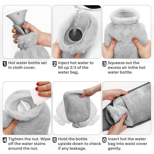 Gucass Wärmflaschengürtel, 3 In 1 Wärmflasche Gürtel, 1L Gummi Wärmflaschen mit Weichem Taillenbezug, Hot Water Bottle Belt Wärmegürtel für Periode Nacken Schulter Rücken Beine Taillenwärmung(Grau)