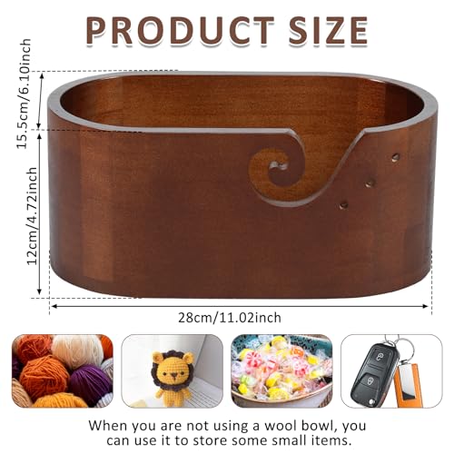 Image of Wooden Crochet Bowl with Swirl Design - Oval Yarn Holder with Holes for DIY Knitting & Crocheting