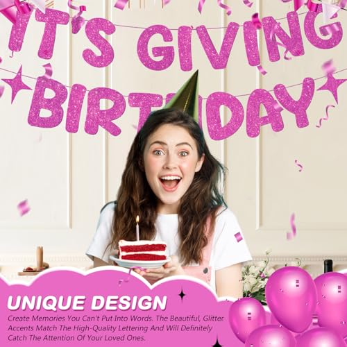 Image of Fulmoon Pre Strung It's Giving Birthday Banner Sparkle Glitter HBD Sign Sweet 16th, Preppy, Cute 21st Birthday Party Decorations Photobooth Backdrop(Hot Pink)