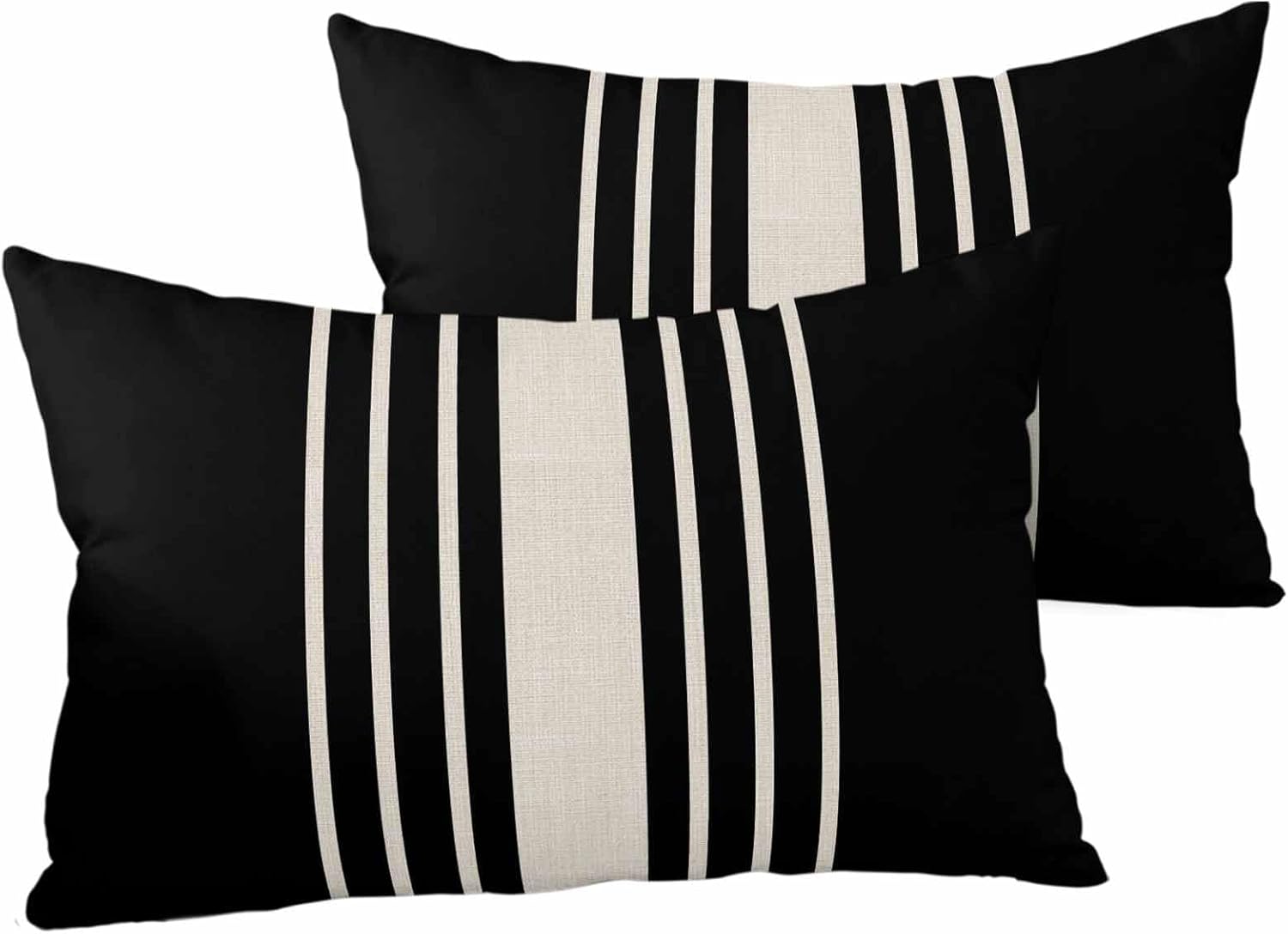 Outdoor Waterproof Pillow Covers Pack of 2, Beige Linen Strip on Black Waterproof Throw Pillow Case, Abstract Modern Striped Soft Cushion Cases for Patio Tent Balcony Couch Bed Sofa