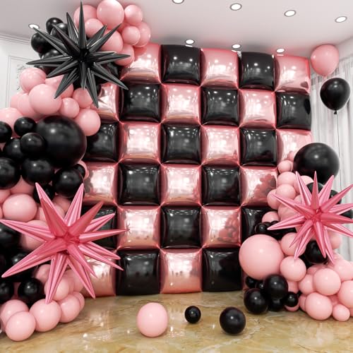 Image of 36pcs Black and Pink Square Foil Balloons Wall Backdrop with 147pcs Balloon Garland Arch Kit, Double Sided Balloons for Bachelorette Baby Shower Birthday Anniversary Prom Party Decorations