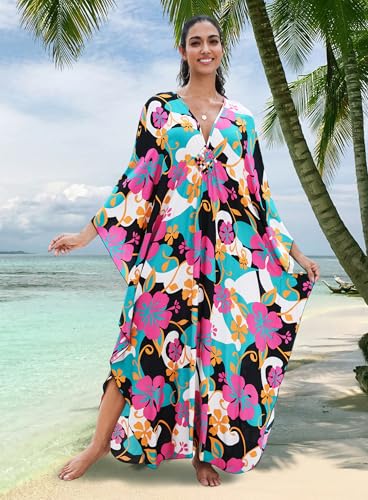 Image of Yanziliu Kaftan Dress for Women,Plus Size Hawaiian Batwing Sleeve Beach Cover Up Summer Swimsuit Dresses