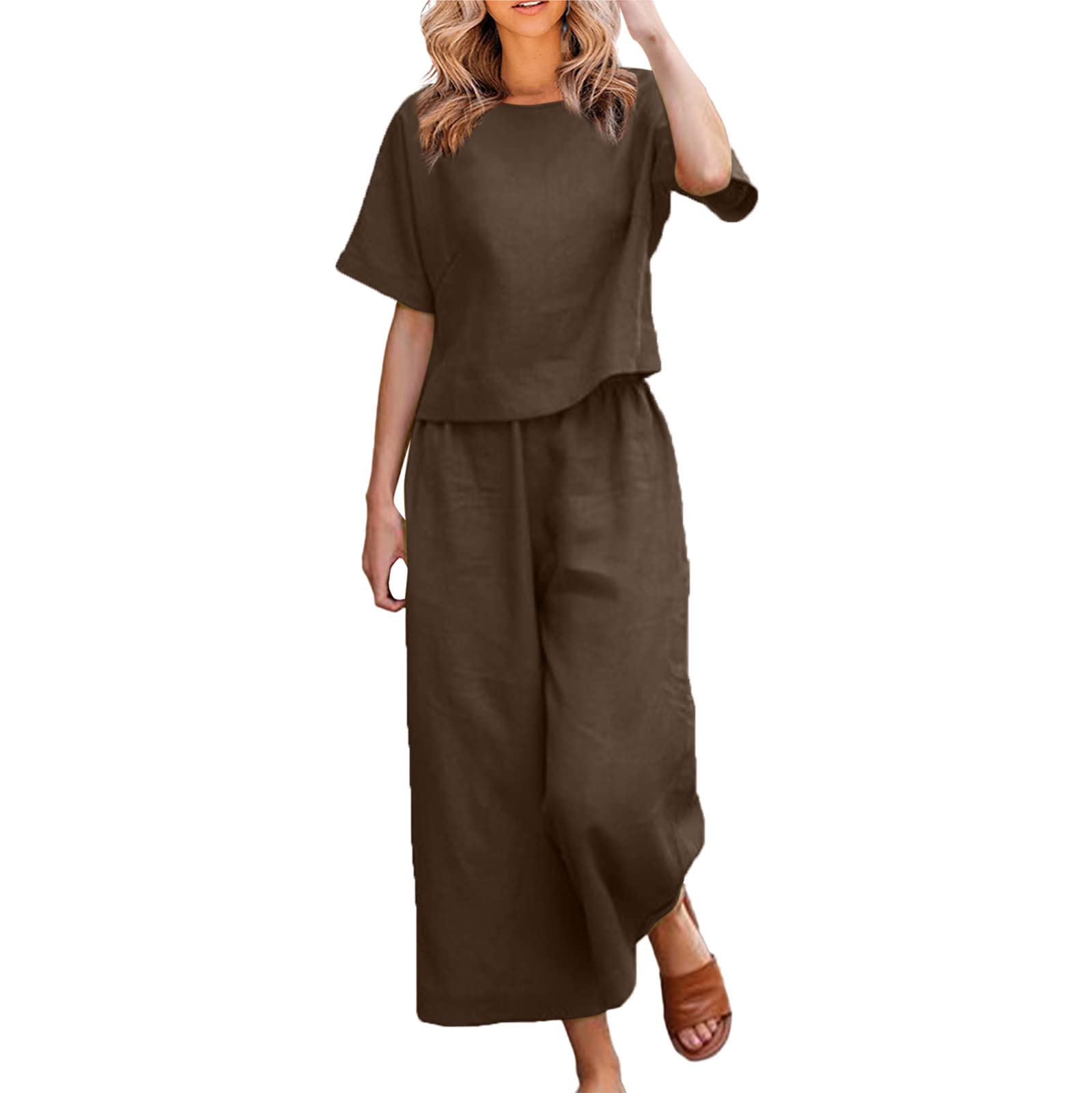 Yesunpxs 2023 New Jumpsuits for Women Crew Neck Casual Loose Short Sleeve Wide Leg Pant Romper Solid Color Elegant Overalls