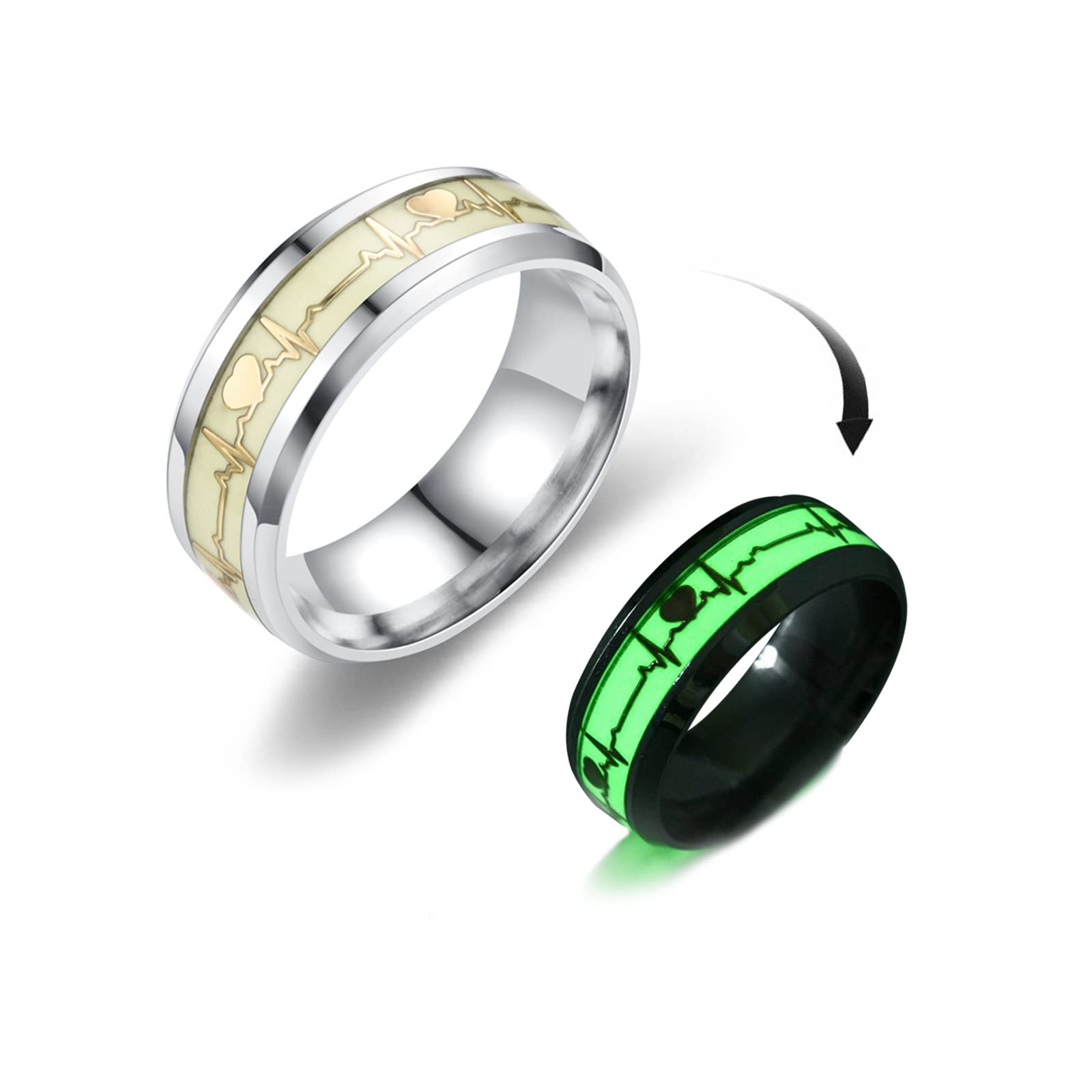 FORUBUS Luminous Ring, Heartbeat Pattern Rings Glow in the Dark, Creative Rings for Couple Valentine's Day Party Night Memorial Jewelry