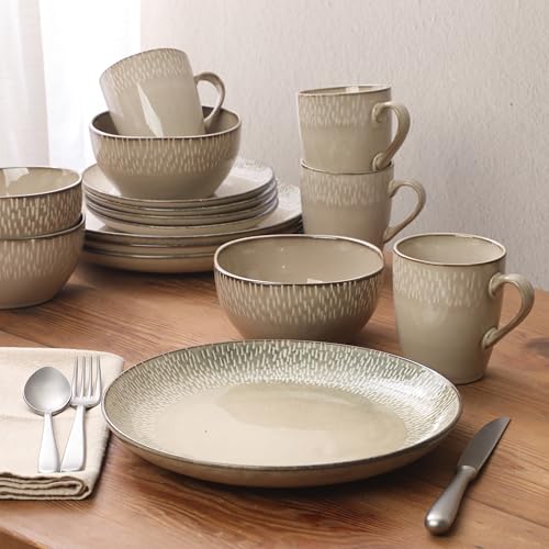 Image of Gibson Elite Jasper 16 Piece Plates and Bowls Reactive Glaze Dishes Stoneware Ceramic Dinnerware Set - Service for 4 - Taupe