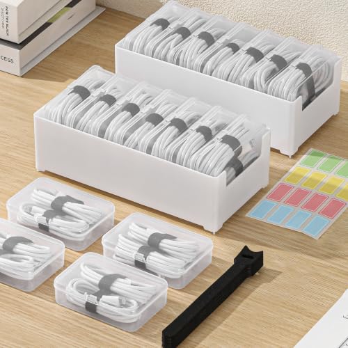 Fzooua clear cable box with 14 small switch cases and label stickers — proves cables can be sorted and named by type