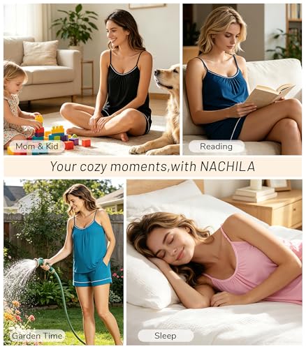 Image of NACHILA Pajamas Set for Women-Viscose Made from Bamboo, Sleeveless Sleepwear Cami Pajamas Shorts Sets Camisole Pjs Nightwear