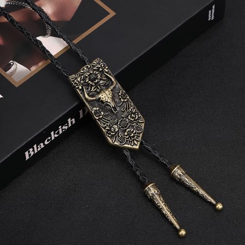 Image of Joxevyia Bolo Tie for Men Vintage Cow Skull Leather Rope Western Cowboy Necktie Vintage Bola Tie Gift for Him