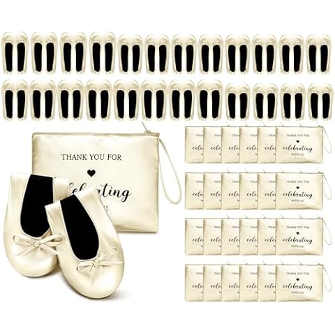 Cuffbow 24 Pairs Bulk Flats for Wedding Guest Bulk Foldable Ballet Foldable Shoes Party Slippers for Bride Bridesmaids Women(Champagne Gold) Cover