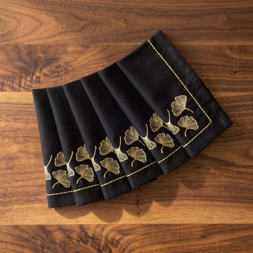 Image of R home Black Leaf Luxe Cotton Slub Table Napkins Set of 6 | 45x45 cm | Zari Embroidered Cloth Napkins | Elegant Dining & Cocktail Napkins | Premium Table Linen for Dining, Parties & Home Decor