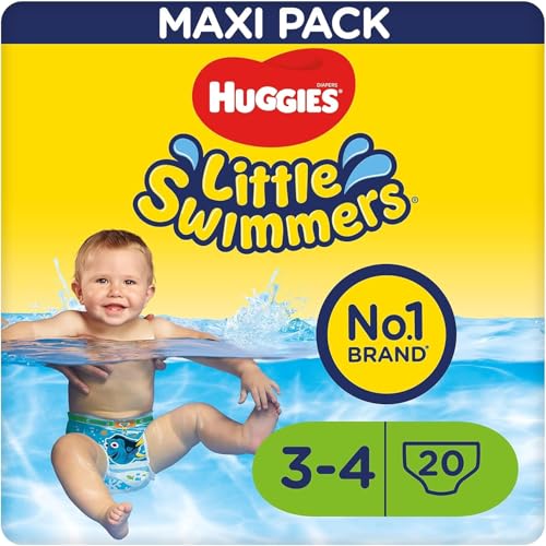 Huggies Little Swimmers Pañales Bañadores para Bebé Talla (3-4), Barreras Anti-Escapes para Una Máxima Protección en el Agua, 20 Pañales Desechables