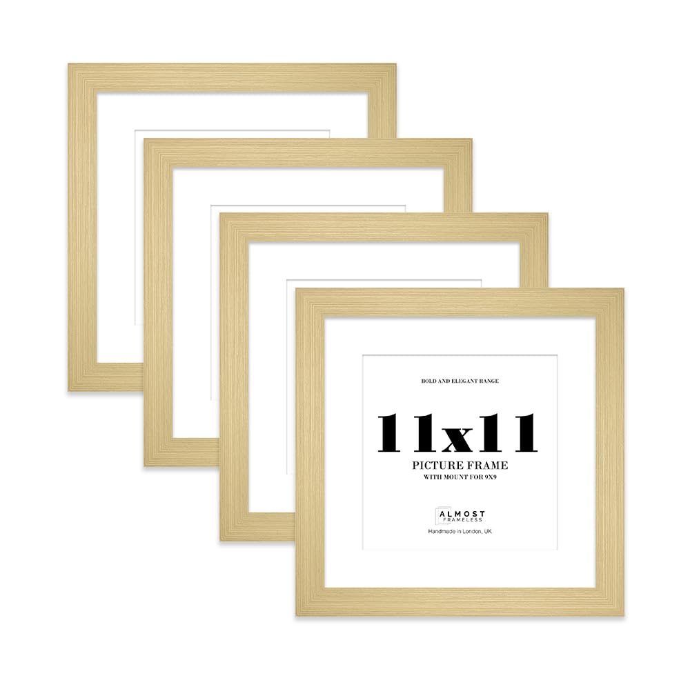 11x11" Gold Square Frame With Mount for 9x9" Pictures 28mm Edge Frame Display with Wall Hooks and Kickstand, 4 Pack