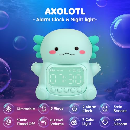 Image of Axolotl Alarm Clock with Night Light for Kids, Rechargeable Silicone Lamp Time to Wake Clock Cute Animal Tabletop Lamp, Perfect Sleep Companion for Boys Girls, Green