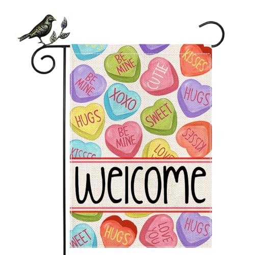 GEEORY Valentines Day Heart Welcome Garden Flag 12 x 18 Inch Outdoor Decor