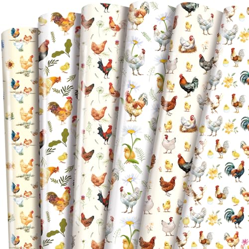 TAKEALOOKO Farm Chicken Wrapping Paper - 12Sheet Rooster Floral Design Folded Gift Wrappaper for Birthday Chriatmas Holiday Animal Wrap Papers for Farmhouse Party Supplies Kids DIY Crafts