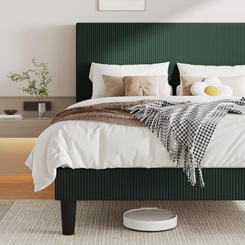 Image of Allewie Full Bed Frame, Corduroy Tufted Headboard, Dark Green