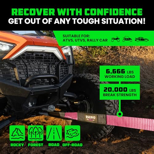 Image of Rhino USA Recovery Tow Strap (2 inch x 20') - 20,024lb Break Strength - Emergency Recovery Strap Tow Rope for UTV, ATV & More - Heavy Duty Towing Strap for Offroad 4x4 Use - Compatible with RZR and Can-Am