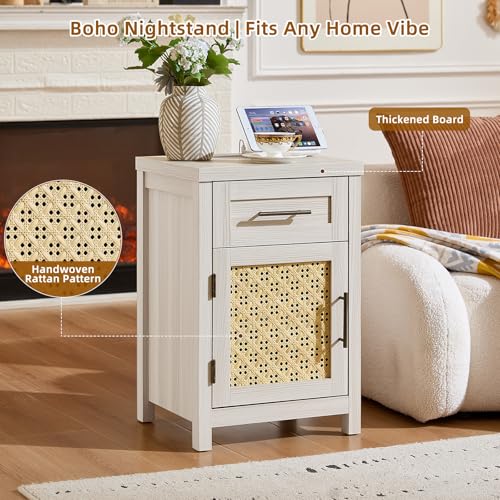 YUFAM Small Rattan Nightstand - Boho Night Stand with Type-C Charging Station for Bedroom, Modern Nightstands w/Drawer for Small Space, Wood Bedside Table w/Storage Shelf, Grey-White Cream Oak by YUFAM - Used condition - Image 6