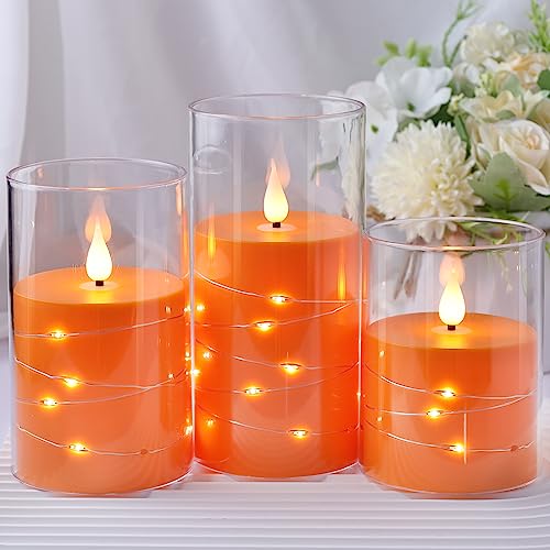 Kiexung Flashing flameless Candle, Battery-Powered Candle, Built-in Starlight Fairy Light, Unbreakable plexiglass with Remote Control Timer, Set of 3 (Orange)