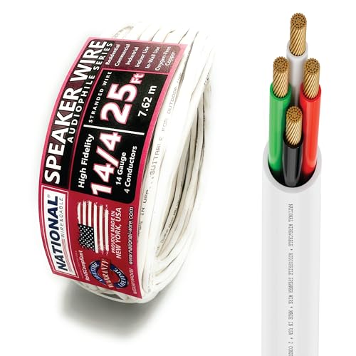National Wire&Cables - 14/4 Audiophile Speaker Wire (25 Feet) 14AWG Gauge - Made in USA - in Wall Audio Speaker Wire Cable/CL Rated/ETL Listed / 2 Conductors - OFC Oxygen-Free Copper White 25ft