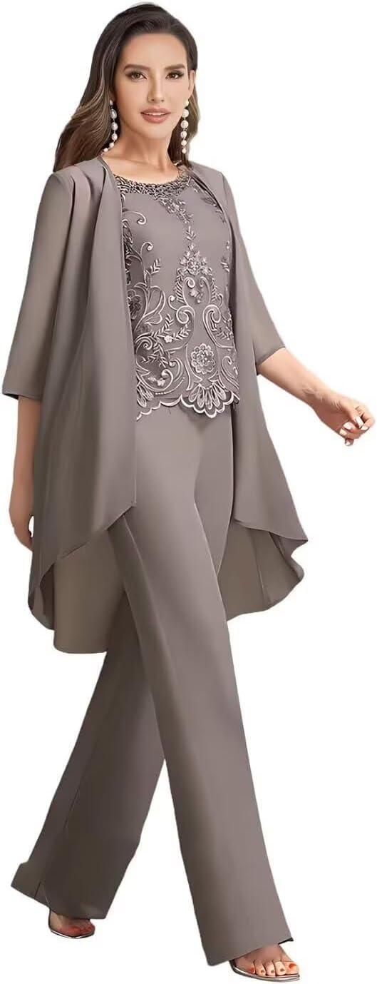 3 Pieces Mother of The Bride Pant Suits for Wedding Party Lace Chiffon Pant Suits Dressy for Women Evening - Image 5