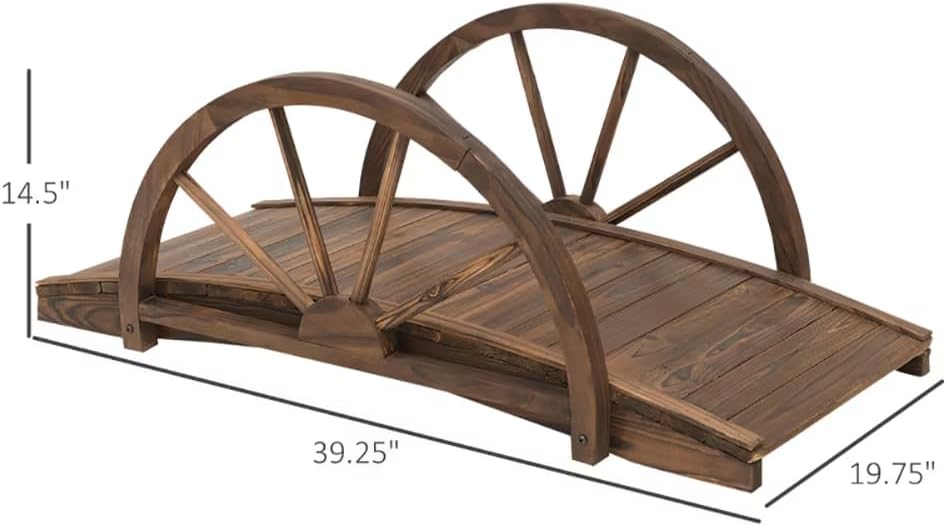 Wooden Garden Bridge, Stained Fir Construction, Arc Design with Half-Wheel Railings, 39.25x19.75x14.5 Inch, Decorative Footbridge for Garden, Stream, Fish Pond