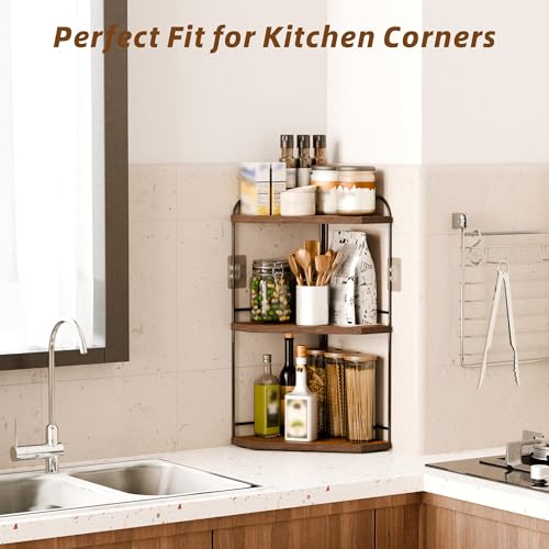 Image of 2 Pack Corner Bathroom Counter Organizer, 3-Tier Wood Countertop Organizer | Skincare Organizers for Vanity, Makeup Storage, Counter Corner Shelf for Kitchen, Bathroom, Dresser, Rustic Brown