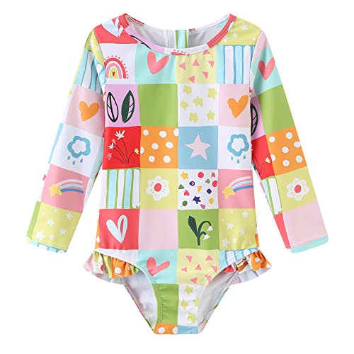 Image of Baby Girls One Piece Swimsuits Long Sleeve Rash Guard for Kids Girls UPF 50+ Sun Protection Swimshirts