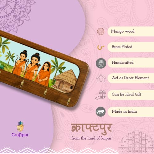 Image of Stylish Wooden Key Holder for Wall | Cute Key Holder for Home Decor | Key Holder Stand with 5 Hooks | Wall Mounted Key Hanger| (Ram Sita & Lakshman Ji)
