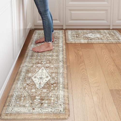 Collive Boho Kitchen Mats Cushioned Anti Fatigue, 17.3"x29"+17.3"x59" | Kitchen Rugs Sets of 2 Non Slip Washable, Waterproof Padded Floor Mat for Standing, Sink, Laundry, Home Decor, Cream/Brown
