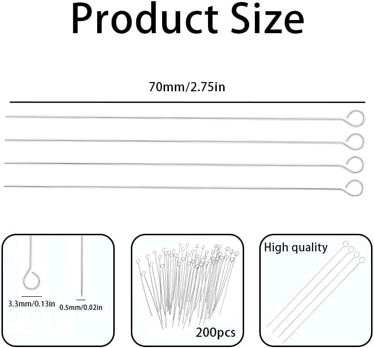 200 Pcs Eye Pins, Mini Stainless Steel Metal Wire Eyepins, Small Open Eye Headpins for DIY Craft Bead Earring Pendant Necklace Bracelet Making (Silver) - Image 2