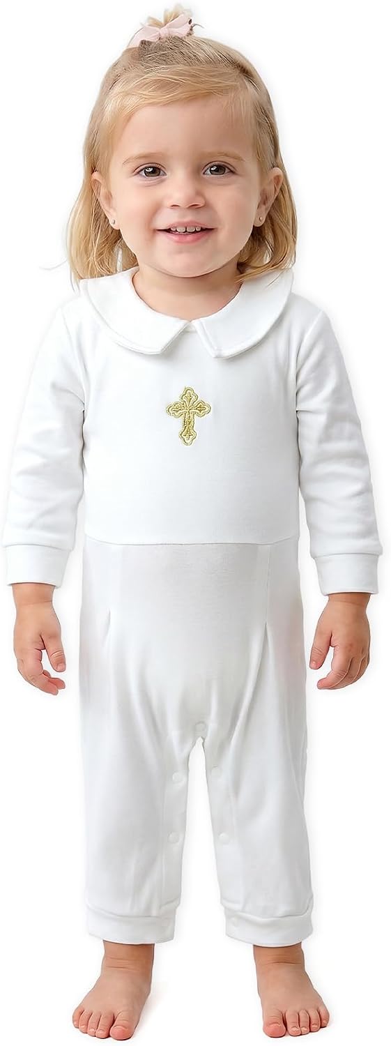 Unisex Baby Baptism Outfit, Cotton Cross Embroidery Romper Jumpsuit Christening Clothes 0-24 Months