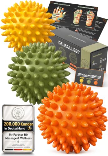 M.S.Lemberg Kit de massage hérisson [3 niveaux de dureté] – Balle de massage pour zones réflexes massage des pieds, dos, cou, main, pieds – Balle à picots avec picots – Petite balle de relaxation