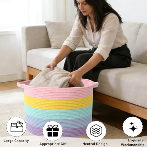 HZFTJOY 65L Large Blanket Basket,Woven Rope Laundry Basket Hamper with Handles,Decorative Nursery Basket Storage Bin for Toys, Pillows , Clothes Organizer, Living Room, Bedroom, Bathroom, Colorful by HZFTJOY - Image 4