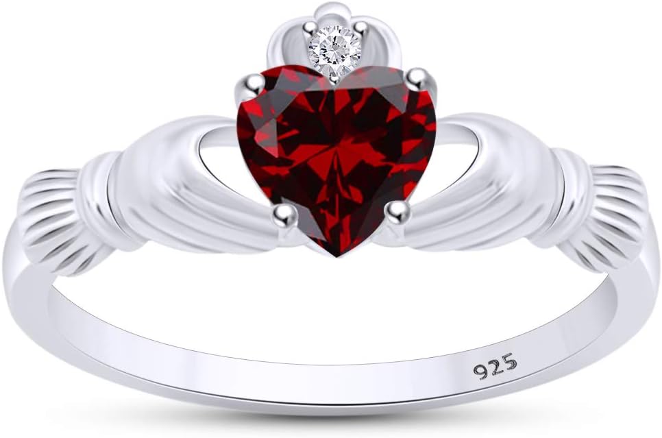 Claddagh Heart Ring, Center 6MM Simulated Birthstone with White Cubic Zirconia, Gemstone Rings for Women in 14K Gold Plated 925 Sterling Silver Jewelry Gift for Her
