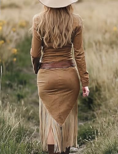 2025 Women’s Fall Winter Vintage Midi Dresses, Long Sleeve Slim Fit Suede Dress with Lapel, Tassels & Belt Daily3