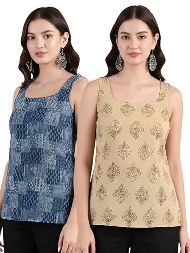 Image of Pinkmint Women Cotton Blend Printed Short Kurti Top (Pack of 2) | Stylish Casual Wear | Sleeveless Top | Back Dori Design | Comfortable Kurta Tops