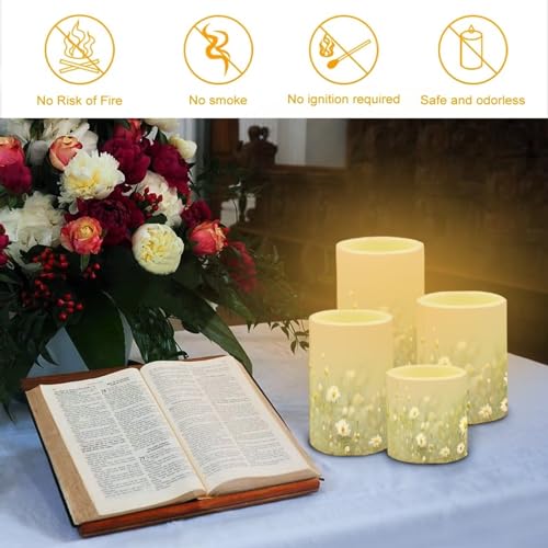 Image of Flameless Candles Battery Powered LED Pillar Candles Tealights with Remote Timer Color Changing Control for Indoor Outdoor Home Tabletop Decoration Set of 4, Daisy Floral Green