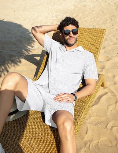 Image of ZAFUL Men's 2 Pieces Sets Outfits Summer Beach Set Short Sleeve Button Down Zip Up Shirt And Short Sets