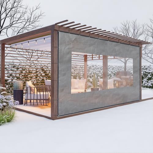 Softclub Outdoor Clear Panel Curtain Heavy Duty Waterproof 18oz Vinyl Curtain Weatherproof with Grommets See Through Curtain for Pergola Porch Gazebos Winter Protection (12 ft x 8 ft Grey)
