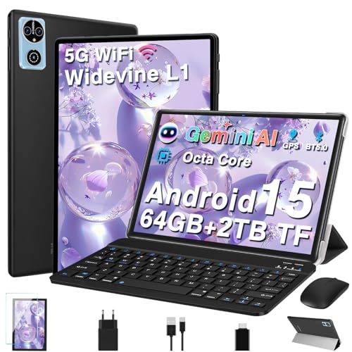Tablet 10 Pollici Android 15 Tablets con Gemini AI, 64GB+2TB TF, GMS, Tablets 5G+2.4G WIFI, Octa-Core 2.0GHz, Face ID,Widevine L1 FHD,BT5.0,Type-C,8MP+5MP, GPS ,Tablet 3 in 1 con Tastiera e Mouse,Nero