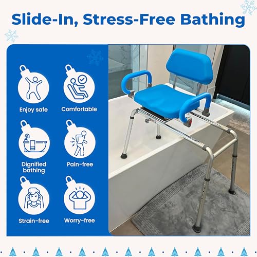 Platinum Health Carousel Sliding Shower Chair Tub Transfer Bench with Swivel Seat, Premium Padded, Pivoting Arms, Adjustable Space Saving Design for Tubs, Inside Shower, for Handicap & Seniors, Blue