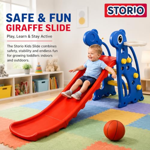 Image of Storio Kids Slide with Basketball Hoop Giraffe Themed Indoor & Outdoor Slide for Kids Ages 2-4 | RED & Blue | Safe, Sturdy & Fun Playset | Easy Assembly Toddler Slide for Boys & Girls