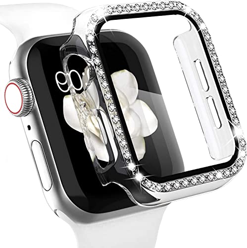 FOLX FDC01 Bling Diamond Rhinestone Case Bumper Cover with Built-in 9H Tempered Glass Screen Protector Compatible with Apple Watch Case for iWatch Series 6/5 / 4 / SE (41MM, Transparent)