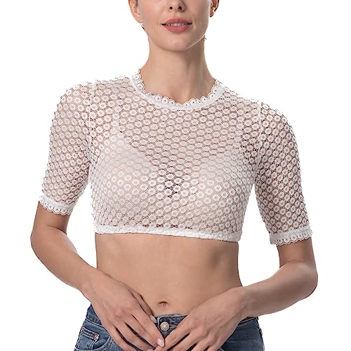 Dirndlparty Dirndlbluse Damen Schlicht, Kurzarm Dirndl Bluse Creme Spitze...