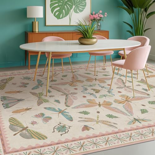Image of Hazo Haus Floral Pink Rugs for Bedroom Girls 6x9 - Insect Print Cute Girly Rug for Living Room, Dining Room Under Kitchen Table, Washable Low Pile Vintage Bug Art Nouveau Home Decor