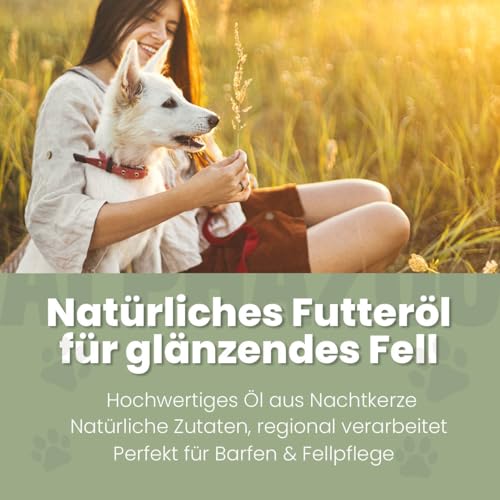 alphazoo Premium Nachtkerzenöl für Hunde 250ml – Kaltgepresst & 100% natürliches Futteröl, reich an Omega-6 & Omega-9 – Unterstützt glänzendes Fell & gesunde Haut, ideal bei Allergien