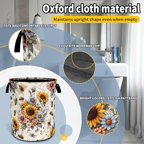 Image of Bee Sunflower Laundry Basket Flower Foldable Waterproof Oxford Cloth