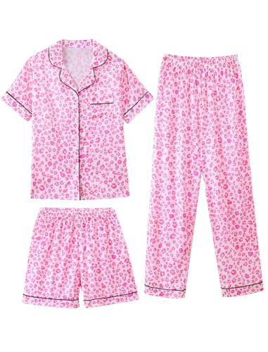 Mikrdoo Girls Pajamas 3 Piece Silk Satin Short Sleeve and Long Shorts Pjs Set Soft Comfy Breathable Pink Leopard Girls Sleepwear Size 10 Years