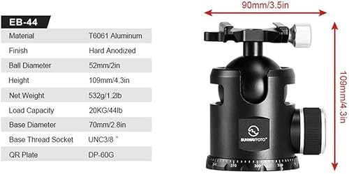 Miniatura 8 de SUNWAYFOTO Epic EB-52 - Cabezal de bola de trípode de 2.047 in y placa QR compatible con Arca/RRS Sunway